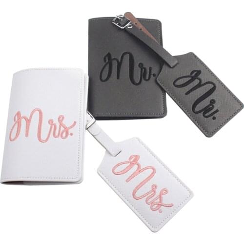 1Set Leather Luggage Tag Embroidery Mr./Mrs. Passport Case for Couples Honeymoon M68C