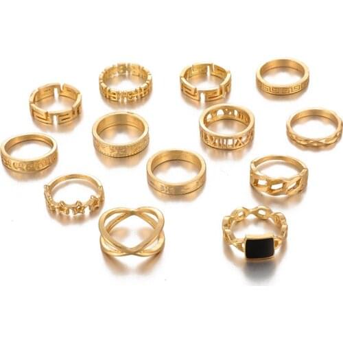 Gold Alloy Geometric Ring Letter Star Retro Finger Tail Rings 13-piece Set Women Accessories Totem Pattern Ring Gift