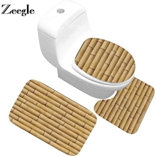 Bamboo Printed Bath Mat Set Flannel Toilet Seat Cover Mat Non-Slip Bathroom Carpet Bath Rug Washable Shower Floor Mat