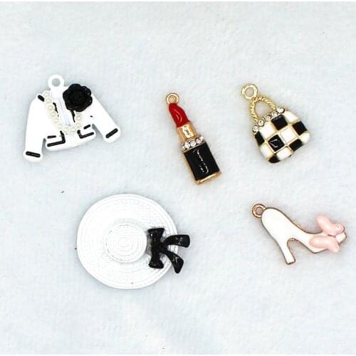 5pcs/lot White dress skirt High heels handbag Enamel hat Lipstick Charm bracelet DIY jewelry Accessories XL473