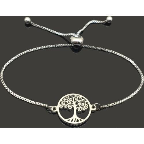 Life Tree Charm Stainless Steel Bracelet Adjustable Slide Women Bracelet