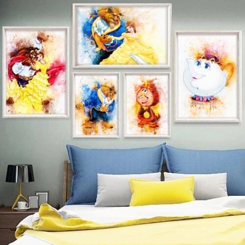 Catoon Beauty &The Beast Watercolor Poster Disney Belle Movie Canvas Painting Print Nursery Room Wall Art Picture for Home Decor