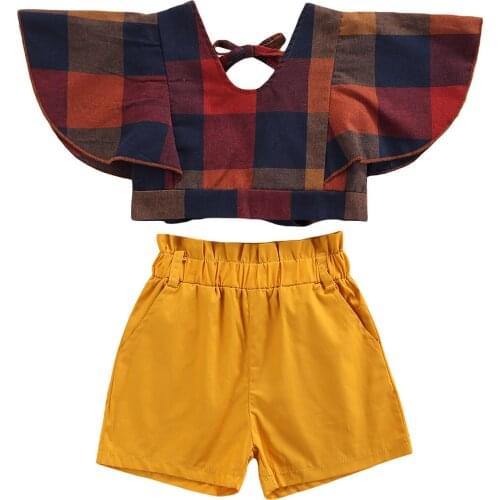 Children Kids Baby Girl Clothes Set Plaid Ruffle Short Sleeve Crop Top Shorts New Summer Fashion Outfit Sets Girls 2-6Y