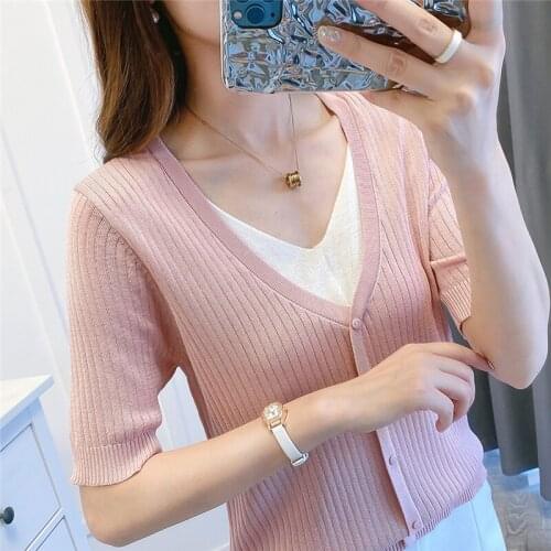 2021 Rushed New Arrival 20671 (3 Room 5 On A 7) Film V-neck Ice Silk False 34 Two Short Sleeve T-shirt