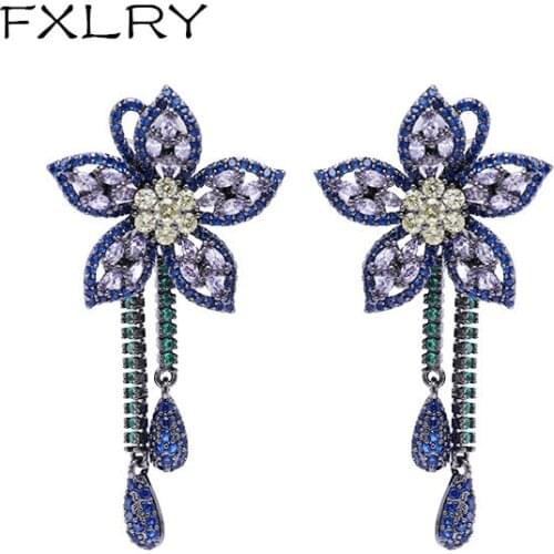 FXLRY Elegant AAA Cubic Zircon Flower Tassel Drop Earrings For Women Wedding Jewelry