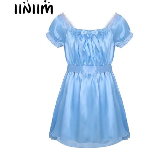 Iiniim Mens Sexy Costumes Lingerie Babydoll Shiny Soft Satin Crossdress Male with Sash Sissy Underwear Lingerie Sexy Hot Erotic