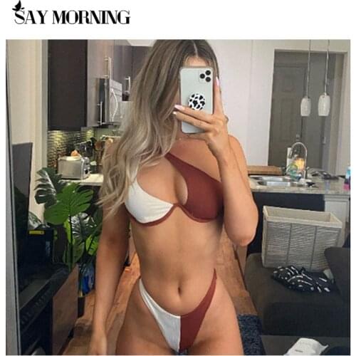 SAY MORNING Bikini Set Oblique Single Shoulder Strap Chest U-Shaped Opening Stitching Contrast Color Womens Swimwear Swimsuit