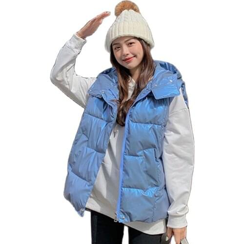 Korean Women Vest 2021 Winter Down Cotton Coat Color Loose Waistcoat Hooded Sleeveless Jacket Women Waistcoat Jacket Female Vest