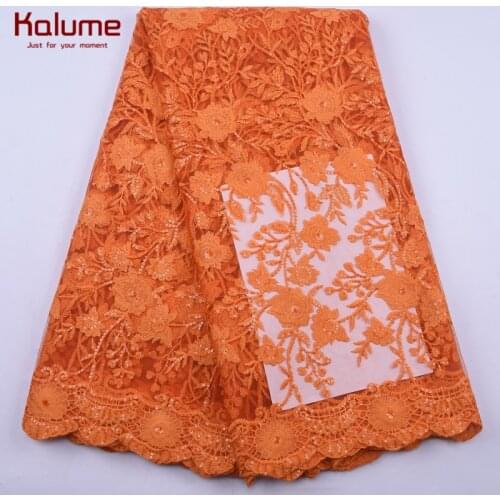 Kalume Orange African Milk Silk Lace Fabric Sequins Nigerian Tulle Lace Fabric Embroidery French Mesh Milk Silk Lace Fabric 2149