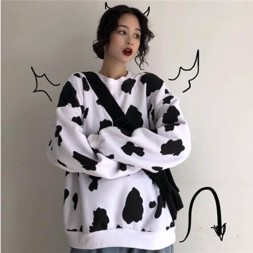 Kawaii Japanese Autumn Female Loose Long Sleeve Hoodies Sweatshirts Cow Milk Printed Hoodie Fashion Women Casual Sweatshirt