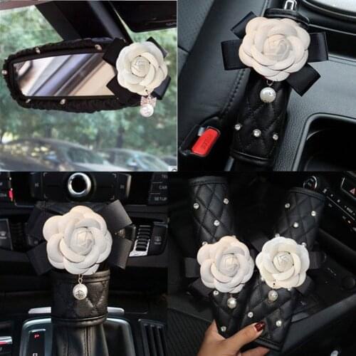 Camellia Flower Car Seat Belt Cover Handbrake Grip Shifter Cover Set Rhinestone Interior Styling For Women Girls White Rose Red