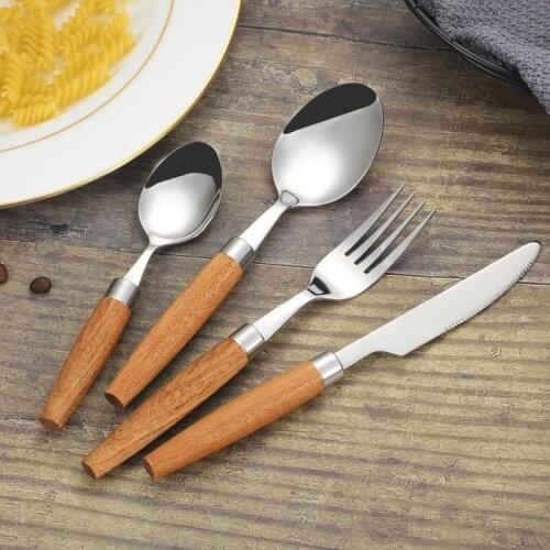 Japanese Creative Wooden Handle Stainless Steel Knife, Fork, Spoon, Tableware, Household Beech Set, Meal Spoon, Tea Spoon Gift