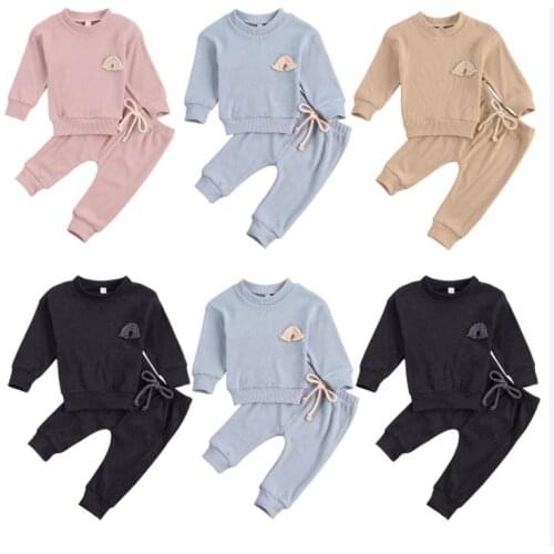 Baby Girls Boys Solid Color Clothes Set, Rainbow Embroidery Long Sleeve O-neck Tops + Drawstring Waist Long Pants