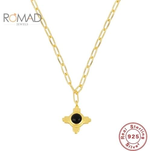 ROMAD Women Girls Simple Fashion Four-pointed Cross Black Zircon Necklace Couple 925 Sterling Silver Diamond Necklace Collier