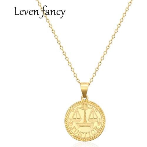 Men Women 12 Constellation Necklaces & Pendants Solid Sterling Silver 925 Gold Coin Disk Zodiac Sign Round Medal Libra Necklace