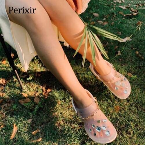 Perixir Women Slides Outside Slip On Thick Sole Slippers Vintage Metal Chain Decoration Footwear Waterproof New Beach Lady Shoes