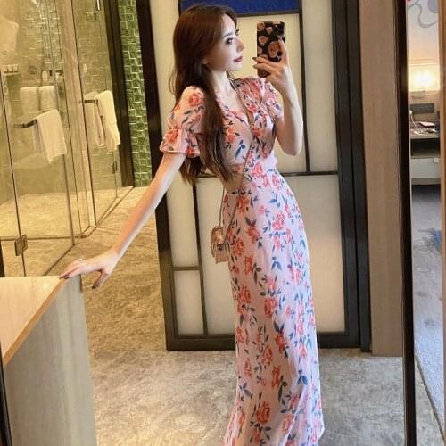 Casual Floral V-Neck Puff Sleeve Summer Dress Women Korean Fashion Maxi Long Dress 2021 Elegant Robe Femme Sundress Vestidos 285