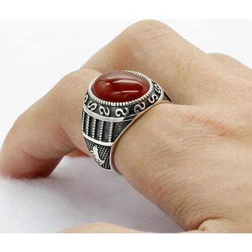 925 Sterling Silver Natural Stone Men Ring Big Red Onyx Ring Vintage Carved Design for Man Women Turkish Handmade Jewelry
