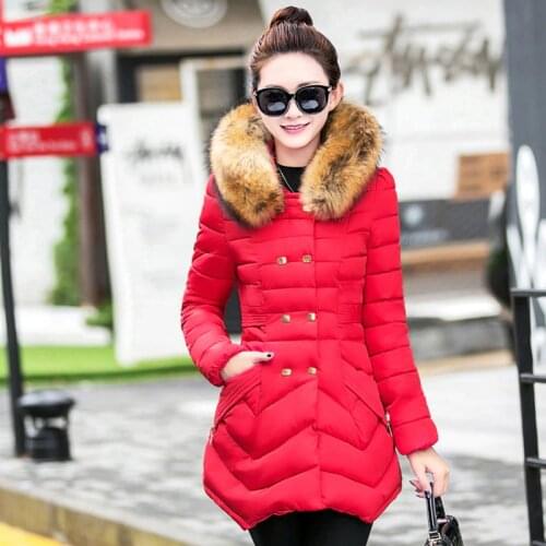 Style Korean Womens Winter Jackets and Coats Slim Hooded Furry Fur Collar Double Breasted Cotton Coat Winter Jacket Women XC048