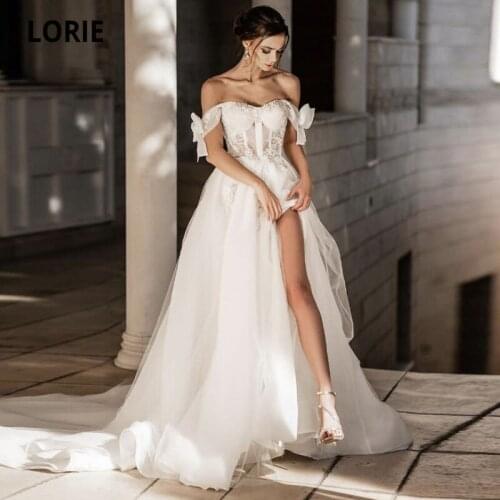 LORIE Boho Wedding Dresses Off the Shoulder Appliques Lace Side Split Tulle Ivory Princess Bride Gown 2021 vestidos de novia