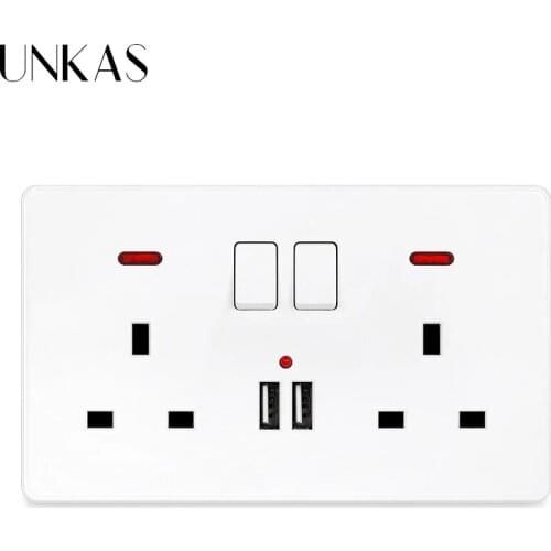 UNKAS Double UK Standard Socket With Neon 2.1A Switch Dual USB Charger Port LED Indicator PC Aluminum Stainless Steel Outlet