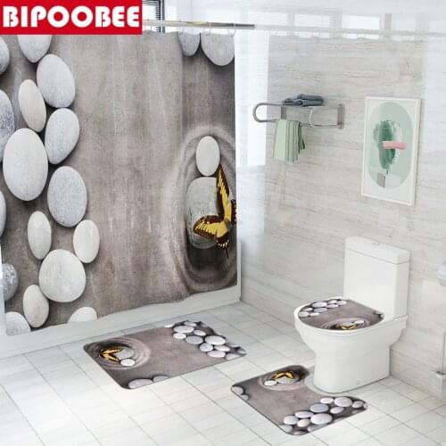 Butterfly Cobblestone Printed Shower Curtain Zen Stone Bathroom Curtains Pedestal Non-slip Carpet Toilet Lid Cover Bath Mats Rug