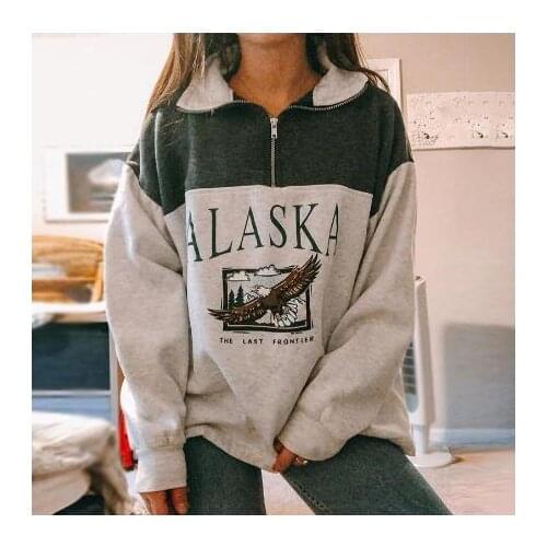 Women Stand Collar Fashion Hoodies Zipper Letter Printed Pullover Plus Size Sweatershirts Long Sleeve Vintage Grey Casual Tops