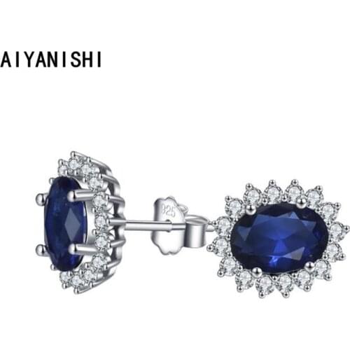 AIYANISHI 925 Sterling Silver Stud Earrings Halo Blue Oval Silver Stud Earrings for Women Wedding Engagement Party Lover Gifts