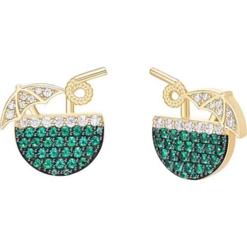 SLJELY 925 Sterling Silver Greem Cubic Zirconia Summer Drink Cup Straw Stud Earrings for Women Girls Night Club Party Jewelry