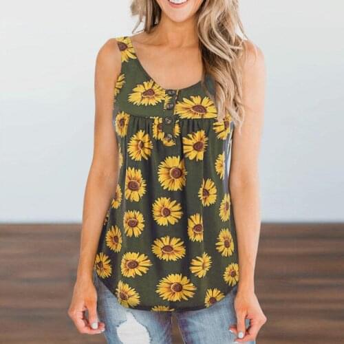 Sunflower Graphic Tank Tops Vest Button Down Round Neck Sleeveless T-Shirts for Women -OPK