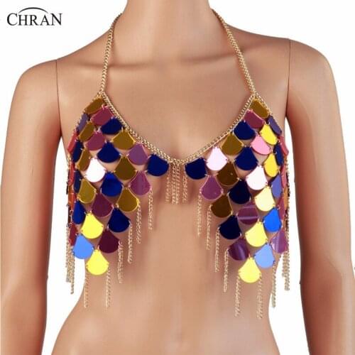 Chran Disco Outfit Club Party Bra Burning Man Lingerie Jewelry Tassels Chain Sequin Body Chain