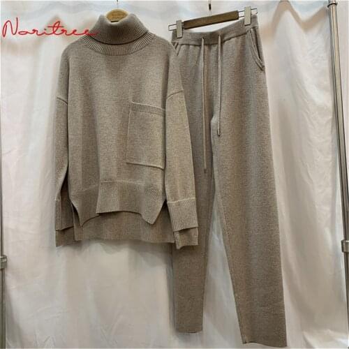 Womens Mink Cashmerer Wool Knit Turtleneck Tops + Wool Pants Suits Female Two Pieces Winter Wool Pullover Pants Sets F2437