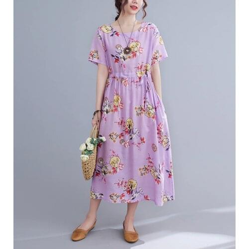 2021 Summer Slim Waist Ethnic Style Print Short-Sleeve Soft Cotton Holiday Women Casual Long Lady Dress