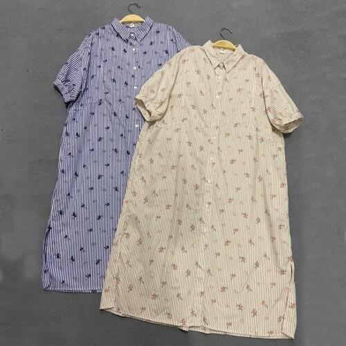Johnature Striped Print Shirt Dress 2021 Summer New Japanese Loose Turn-down Collar Short Sleeve Single-breasted Women Dresses