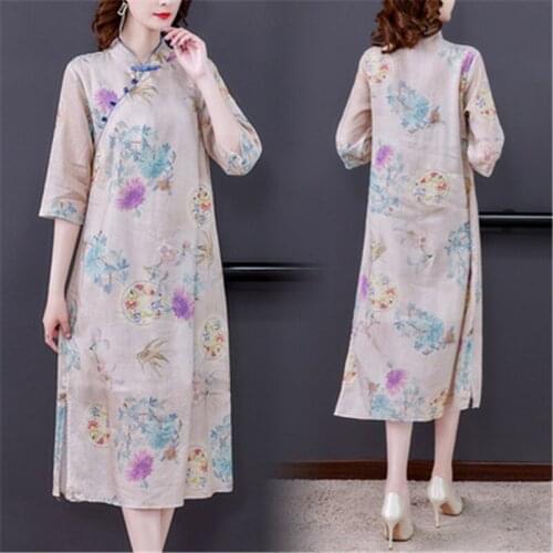 2021 Summer Fashion New Stand-Up Collar Short-Sleeved Printing Comfortable Cotton And Linen Cheongsam Retro Dress Female Trend