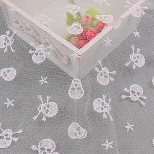 1yds High Quality White African Tulle Lace Fabric 2016 For Wedding Dress Fashion Skull Heads French Milk Silk Embroidery Fabrics