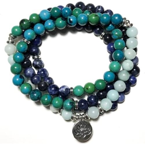 8MM Blue-Vein Stone Amazonite Phoenix Lapis Lazuli Beads Wrap Bracelet Meditation Yoga Healing Jewelry 108Japamala Rosary Bangle