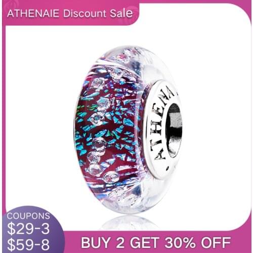 ATHENAIE Genuine 925 Silver Dark Purple Shimmer Murano Glass Beads Multi-Clear CZ Charms Fit All European DIY Women Bracelets