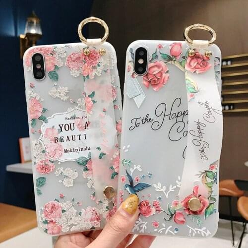 Phone Case For iphone X Xs max XR 7 8 6 6S plus Flower Soft Silicone Wrist Strap Phone Holder Cover Coque With Finger Ring