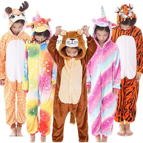 Kids Kigurumi Unicorn Pajams Sets for Boys Winter Onesie Pijamas Flannel Warm Pyjamas Anime Lion Tiger Cosplay Costume Nightwear