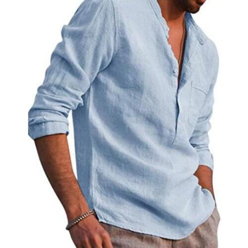 Man long sleeve t-shirt Shirt Men Solid Color V Neck Long Sleeve Button Pocket T-shirt Top Cotton Linen Shirt tee shirt manche