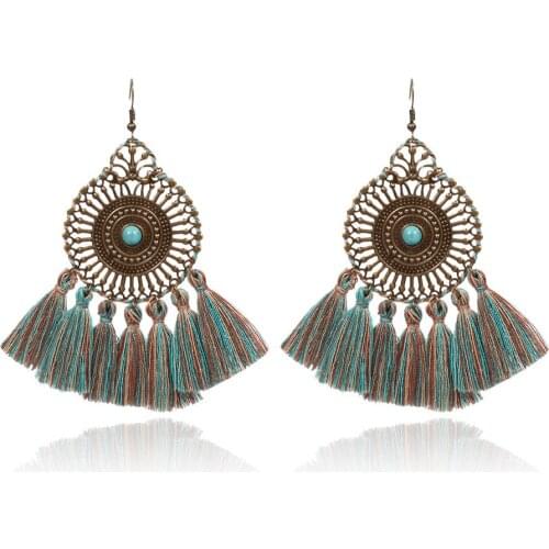 HC Vintage Multicolor Tassel Drop Earrings Fashion Round Pendant Hollow Dangle Earrings Women Ethnic Bohemian Jewelry Earrings F