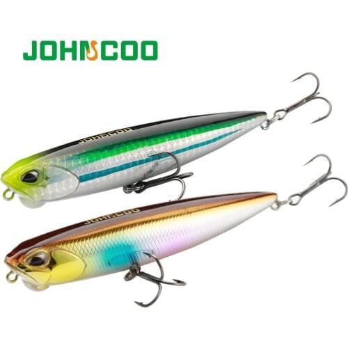 JOHNCOO PENCIL 65mm 100mm Topwater Lure 5.5/14g Swim Crankbait Whopper Artificial Bait Trolling Bass Pike Lure Walk 3D Eye
