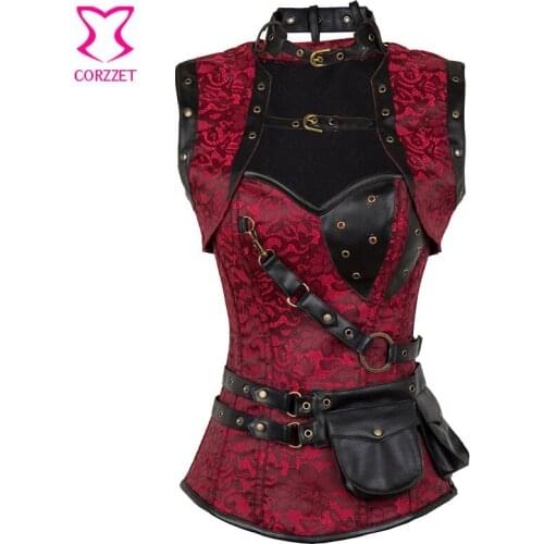 Red/Black Jacquard&Leather Steampunk Bustier Corset Sexy Plus Size 6XL Steel Boned Armor Corsets and Bustiers Gothic Clothing