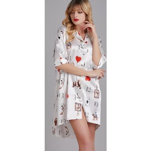 Summer Silk Womens Sleepwear Sexy Sleepshirt Long Print Ladies Nightgown Young Girl Outwear Nightdress Party
