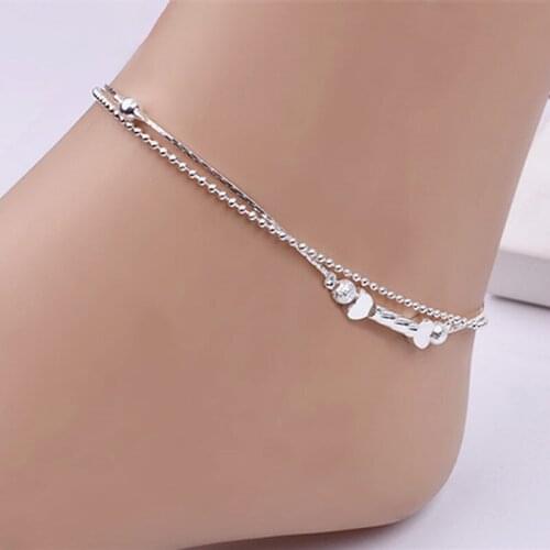 Love Heart Ankles Double Chain Silver Plated Ankle Summer Beach Foot Jewelry Fashion Loves Gift Wholesale
