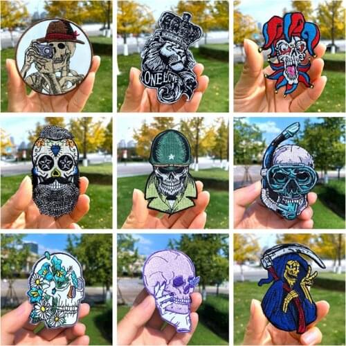 New Punk Skull Embroidery Patches Iron on Scull Soldier Thermo Adhesive Appliques for Punker Clothes Grim Reaper Clown Badges