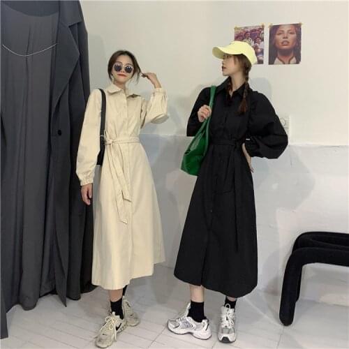 Autumn Simple Solid Midi Dress for Women Lapel Single-breasted Lace-up Female Dress Full Sleeve 2021 Ladies Vestidos