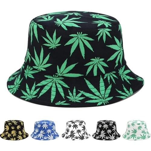 Maple Leaf Print Double-Sided Panama Bucket Hat Women Men Hip Hop Caps Couple Summer Cotton Fishing Sun Hats Flat Fisherman Hat