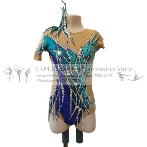 Figure Skating Dress Womens Girls Blue Rhythmic Competition Unitard Ballet Dance Sports Leotards Artistic Christmas Costumes